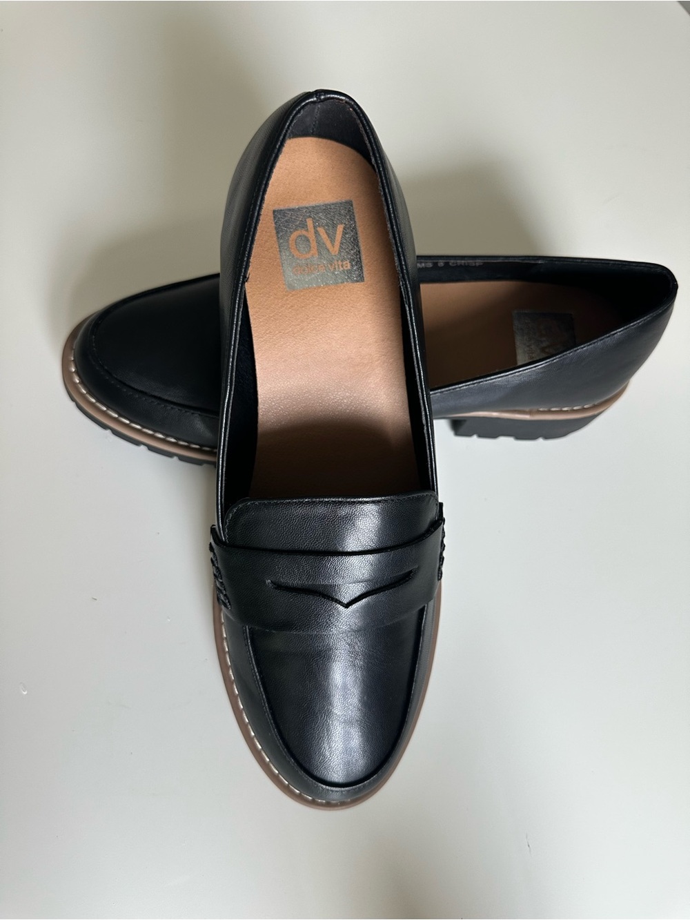 DV by Dolce Vita Black Leather Penny Loafers with Brown Trim Size 8